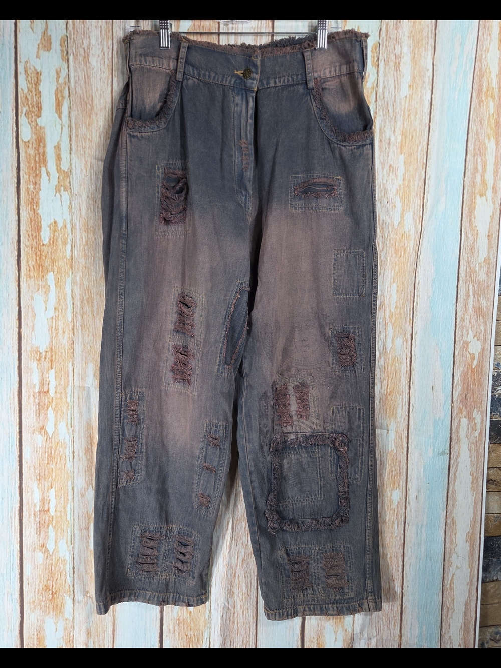 Paper Lace Distressed Grey Patchwork Denim Pants W/frayed Waist. Size L
